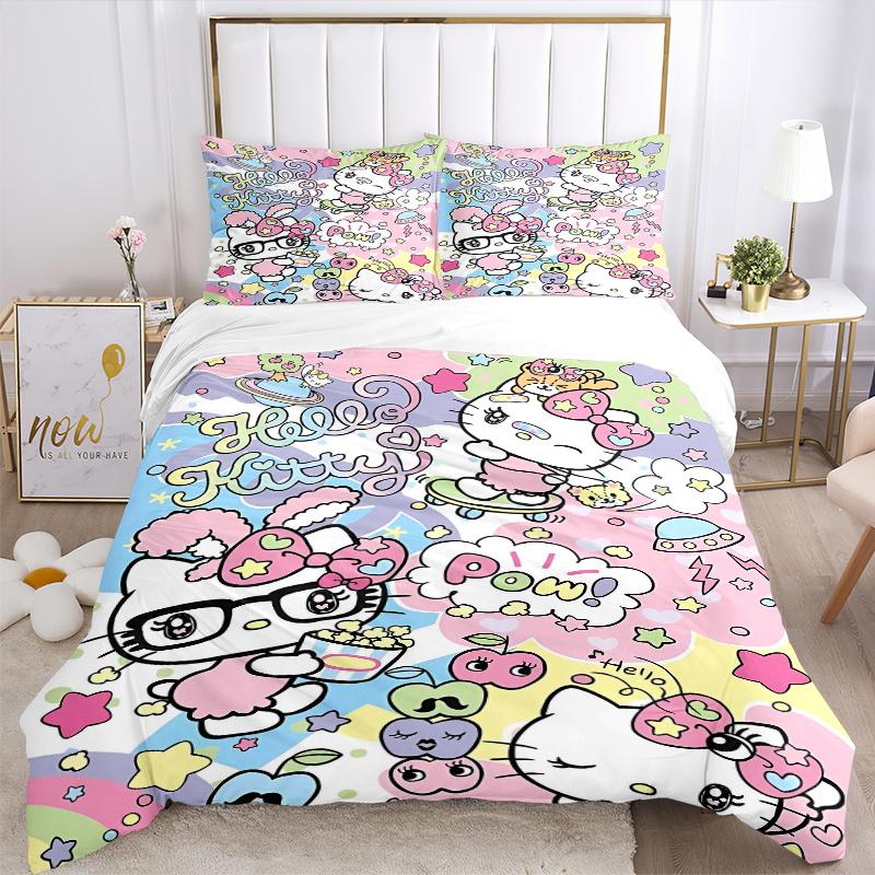 3pcs Colorful Hello Kitty Printed Bedding Set, Soft and Comfortable Quilt Cover for Bedroom, Guest Room (Not Included).W019