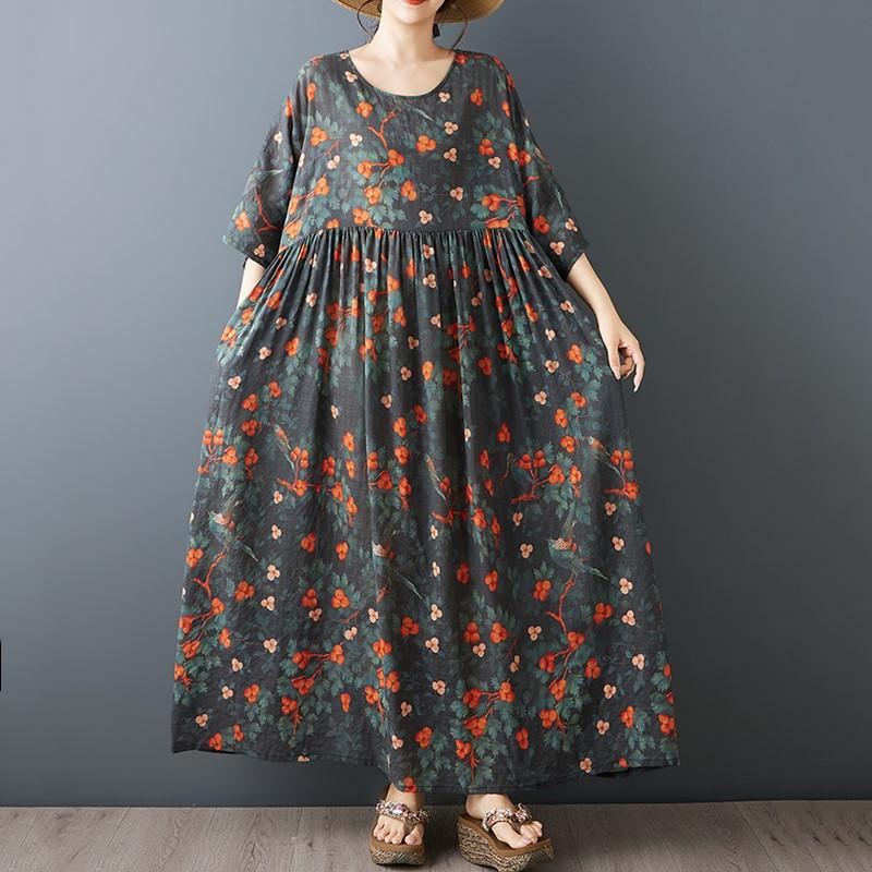 Short Sleeve Plus Size Cotton Vintage Floral New In Dresses for Women Casual Loose Long Summer Dress