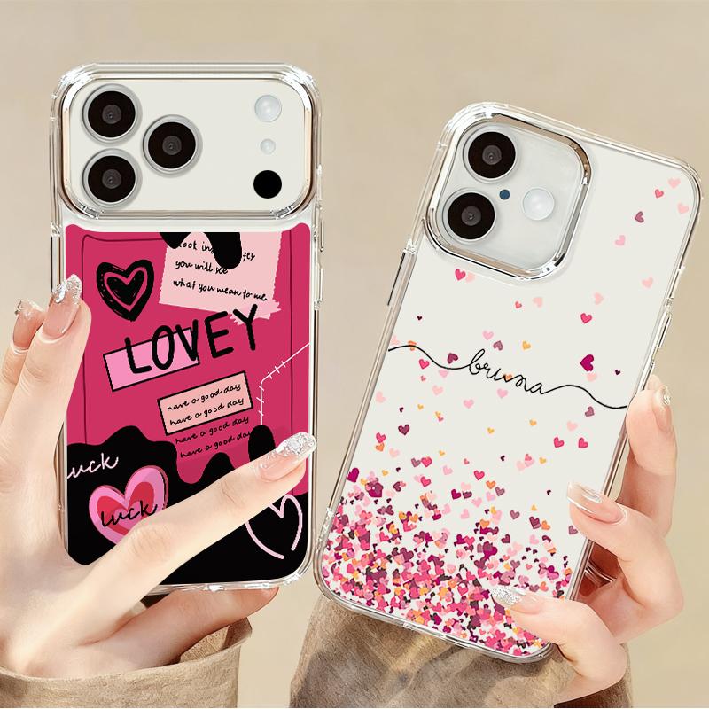 Silky Love Hearts Pattern Case For iPhone 17 Pro Max Plating Lens Frame Clear Soft Cover For iPhone 16 15 14 13 Pro Max 11 16E 17E