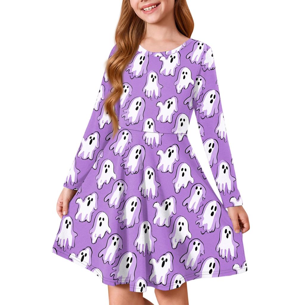 Girls' Summer Princess Dress Halloween Day- Long Sleeve A-Line T-Shirt Dress