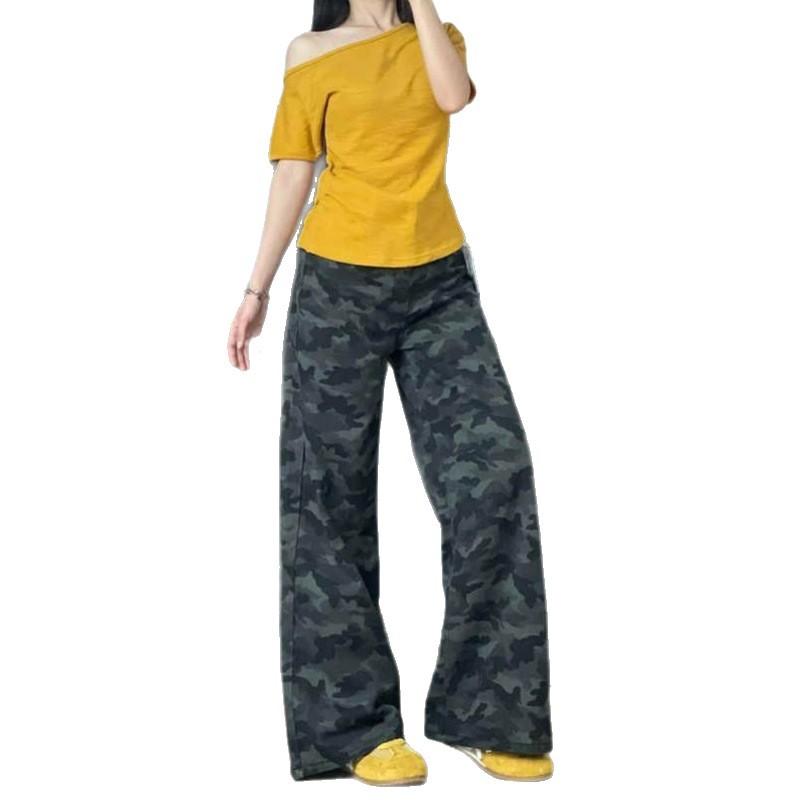 Comfortable Camouflage High Waist Wide Leg Jeans Women High Street Hundred Match Skinny Loose Straight Trousers Jeans for Women Long Denim Pants