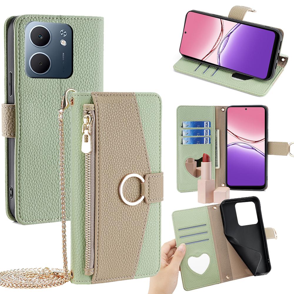 

For Oppo A5x 5G Case Mirror Wallet Leather Phone Cover with Chain Shoulder Strap Green