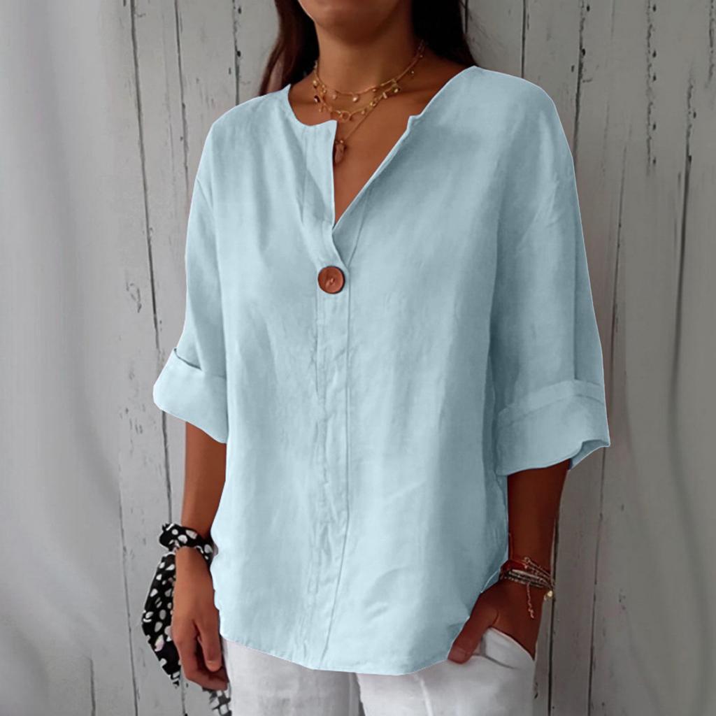 Women's Fashion Casual V-Neck Buttoned Seven-Point Sleeve Cotton Linen Top