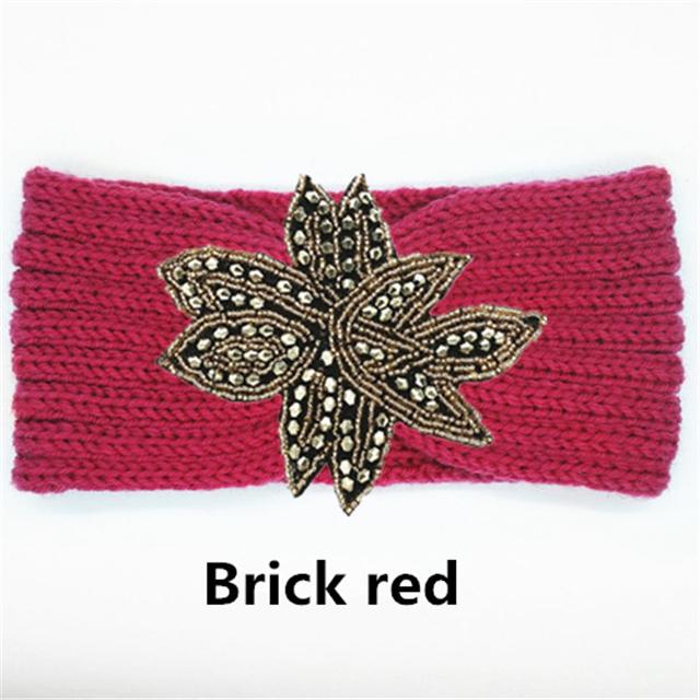 Crystal Beaded Flower Knit Headband For Women Winter Wool Ear Warmer Hairband Turban Headwrap Hair Accessories Bandeau