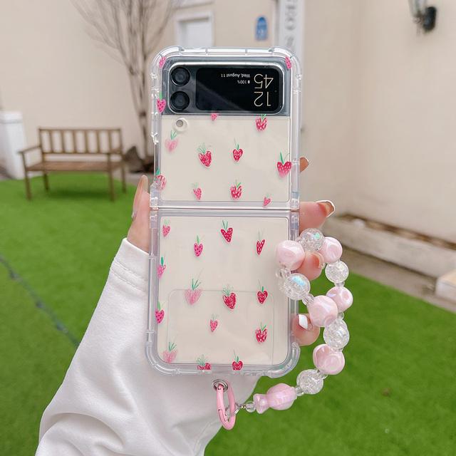 

Прозрачный противоударный чехол для телефона с милым цветочным узором клубники для Samsung Galaxy Z Flip 4 3 с браслетом For Samsung Z Flip 3