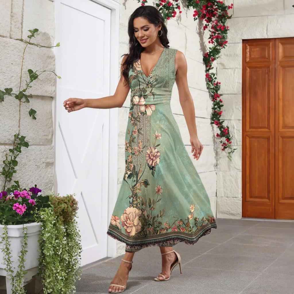 Women's Summer Fashion Retro Print V-Neck Sleeveless Long Dress
