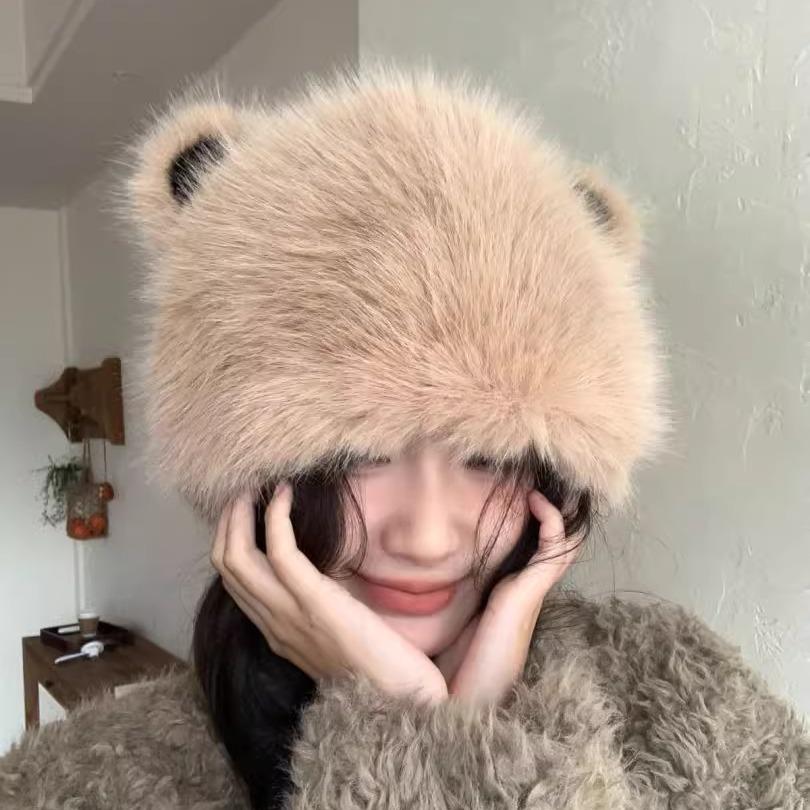 Cute and Cute Cat Ears Imitation Leather Fluffy Fluffy Hat Winter Warm Windproof Ear Protection Hat Head Hat