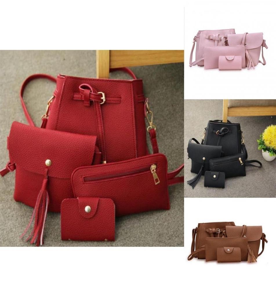 Elegant 4pcs Women Lady Handbag Set In Premium Pu Leather With Adjustable Strap