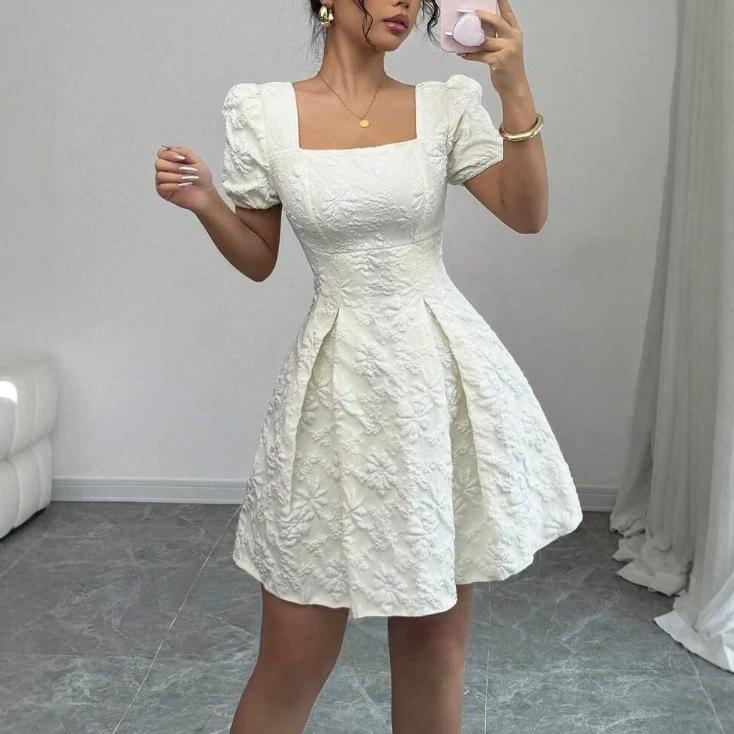 Spring and summer European and American temperament elegant bubble sleeves show height A square neck dress women's clothing