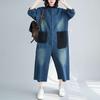 Damski dżinsowy kombinezon wiosenno-jesienny inspirowany stylem retro z naszywanymi kieszeniami, kombinezon z szerokimi nogawkami