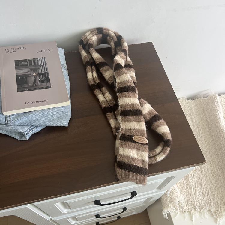Early Autumn And Winter, Dongdaemun, South Korea, Striped Thin And Narrow Long Small Scarf, Women'S Fashionable Millennial Style Sausage Knitted Scarf