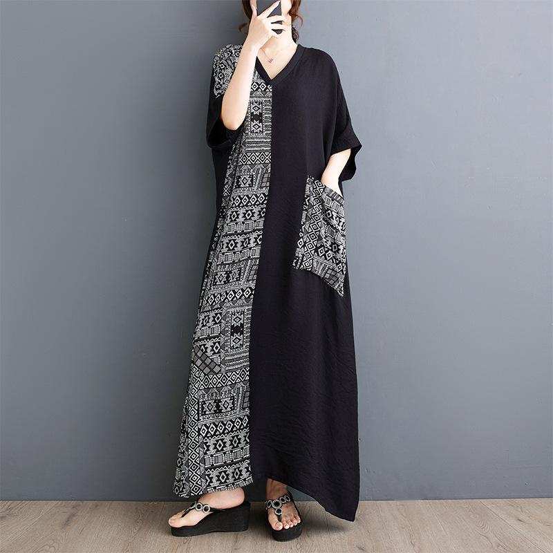 Summer Thin Cotton Linen Artistic Loose Slimming V-neck Short Sleeved Mid Length Dress for Women