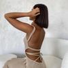 Elegantes Sexy Rückenfreies Sommer Strandkleid Damen Träger Ausschnitt A-Linie Strick Maxi Urlaub