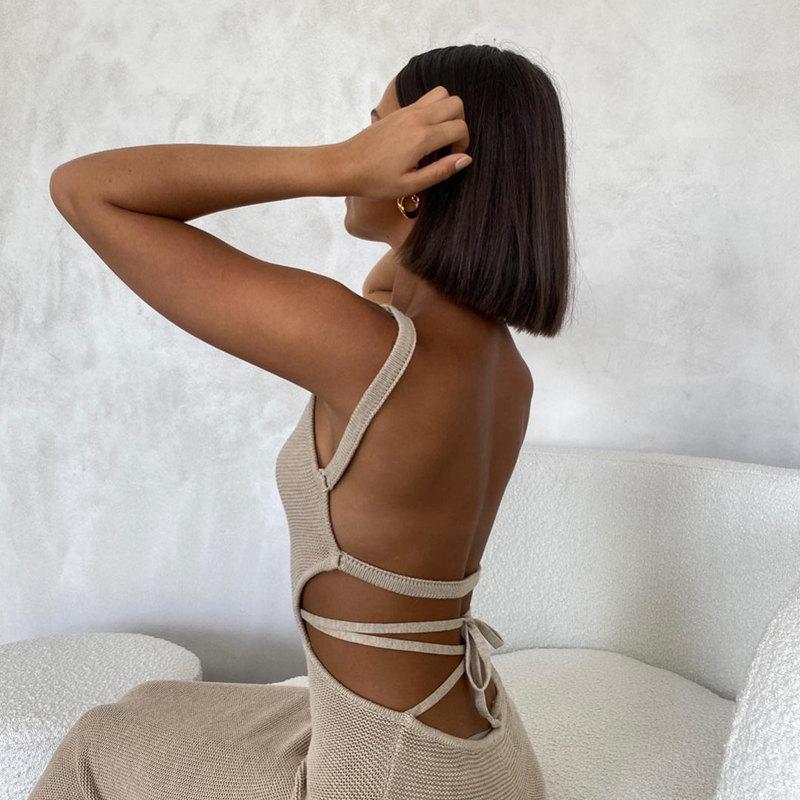 Elegantes Sexy Rückenfreies Sommer Strandkleid Damen Träger Ausschnitt A-Linie Strick Maxi Urlaub