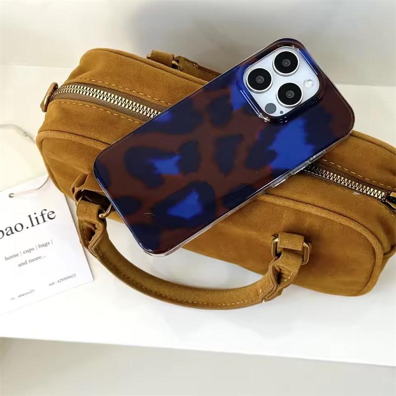 Retro Art Blue Brown Leopard Print Color Mixing Cover Case for iPhone 13 14 15 16 Pro Max Glossy Glacial Streak Phone Case