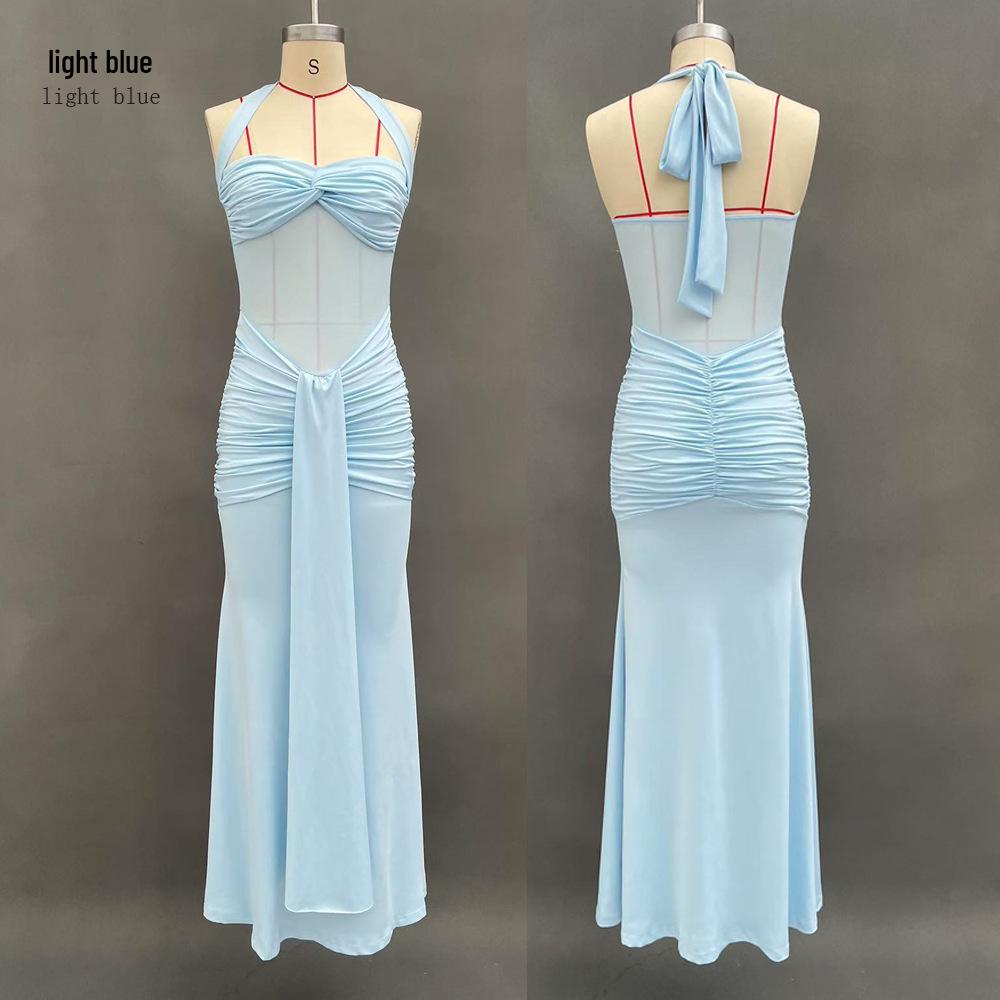 European & American Ruched Long Dress - Fashionable Sexy Open Back Hip-Hugging Style (2026 Collection) M