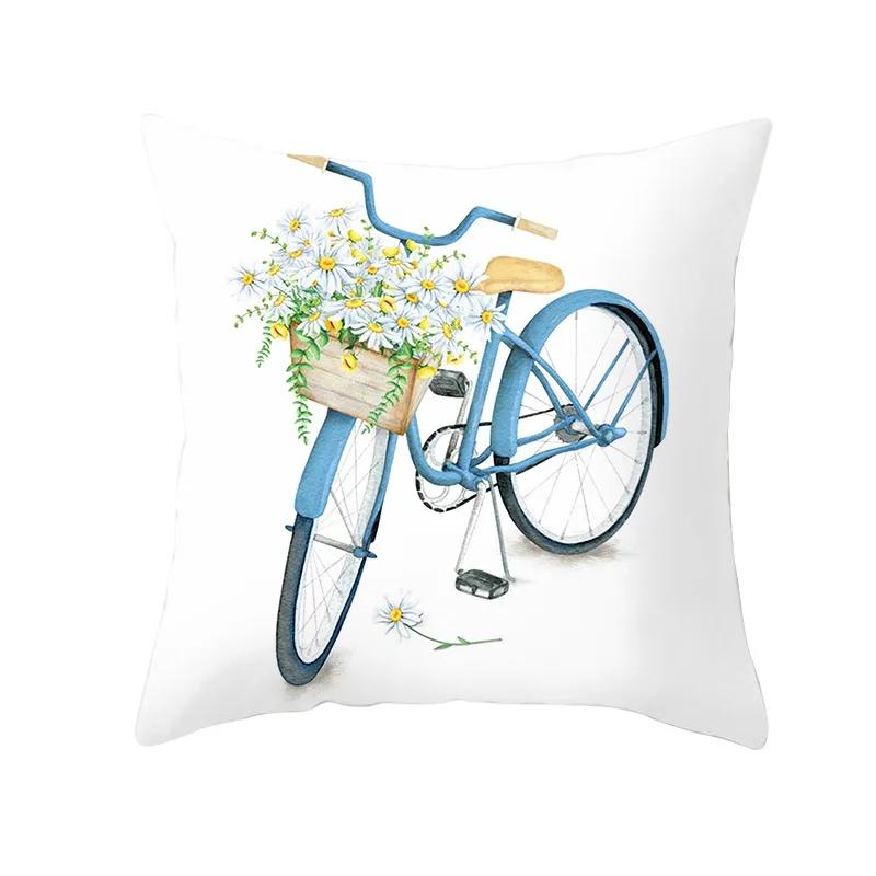 Valentine's Day Bicycle Flower and Grass Print Cushion Cover Home Living Room Sofa Decoration Pillow