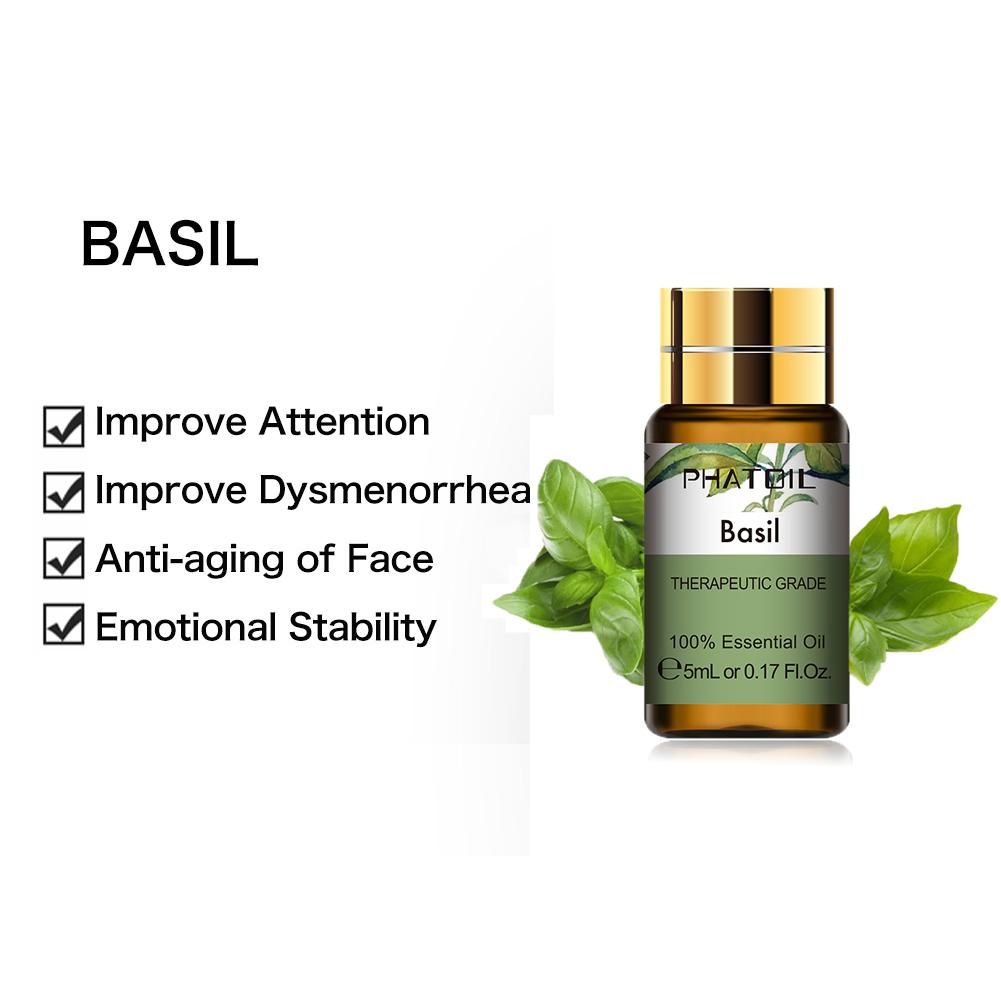 PHATOIL 5 ml ätherisches Basilikumöl, Aromatherapie für Spa-Ölbrenner, Luftbefeuchter, erfrischendes Anti-Aging-Gesicht, reines ätherisches Öl