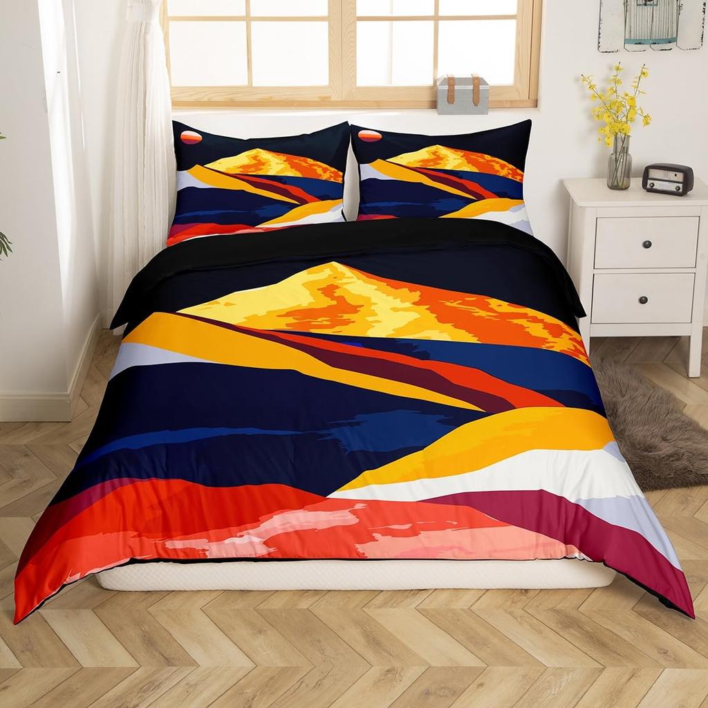 Nature Mountains Art Duvet Cover Set Landscape Creativity Bedding Set with Pillowcase Golden Lines Abstract Art Comforter Covers