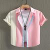 Men's Contrast Patchwork Short Sleeve Shirt Casual Lapel Button Down Top for Daily Commute Vacation