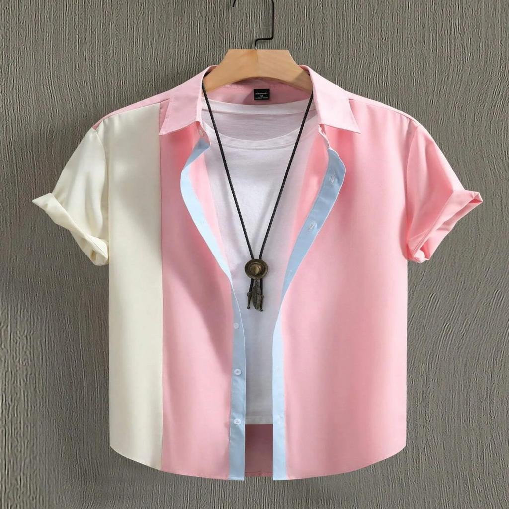 Men's Contrast Patchwork Short Sleeve Shirt Casual Lapel Button Down Top for Daily Commute Vacation