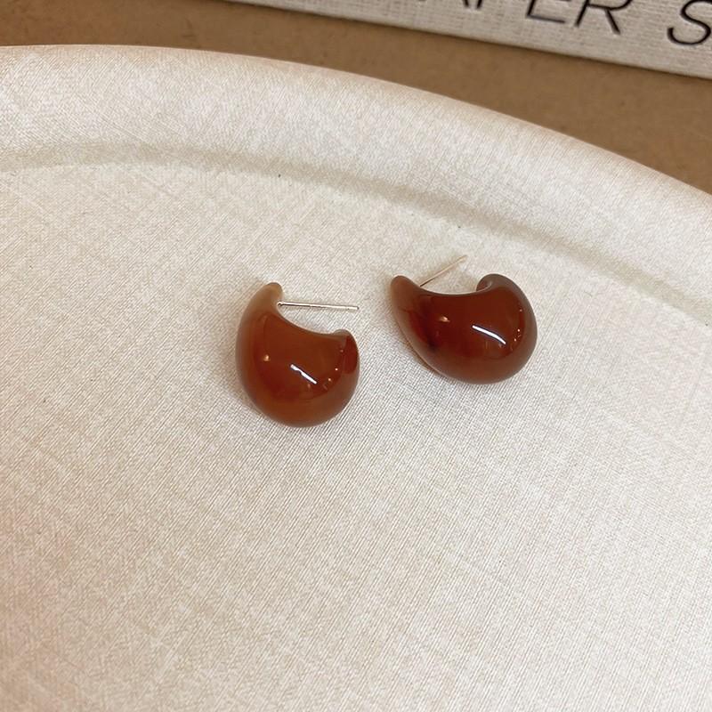 Silver Needle Retro Resin Geometric Round Oval Pendant Earrings Maillard Style Stud Earrings Niche Design Earrings Women