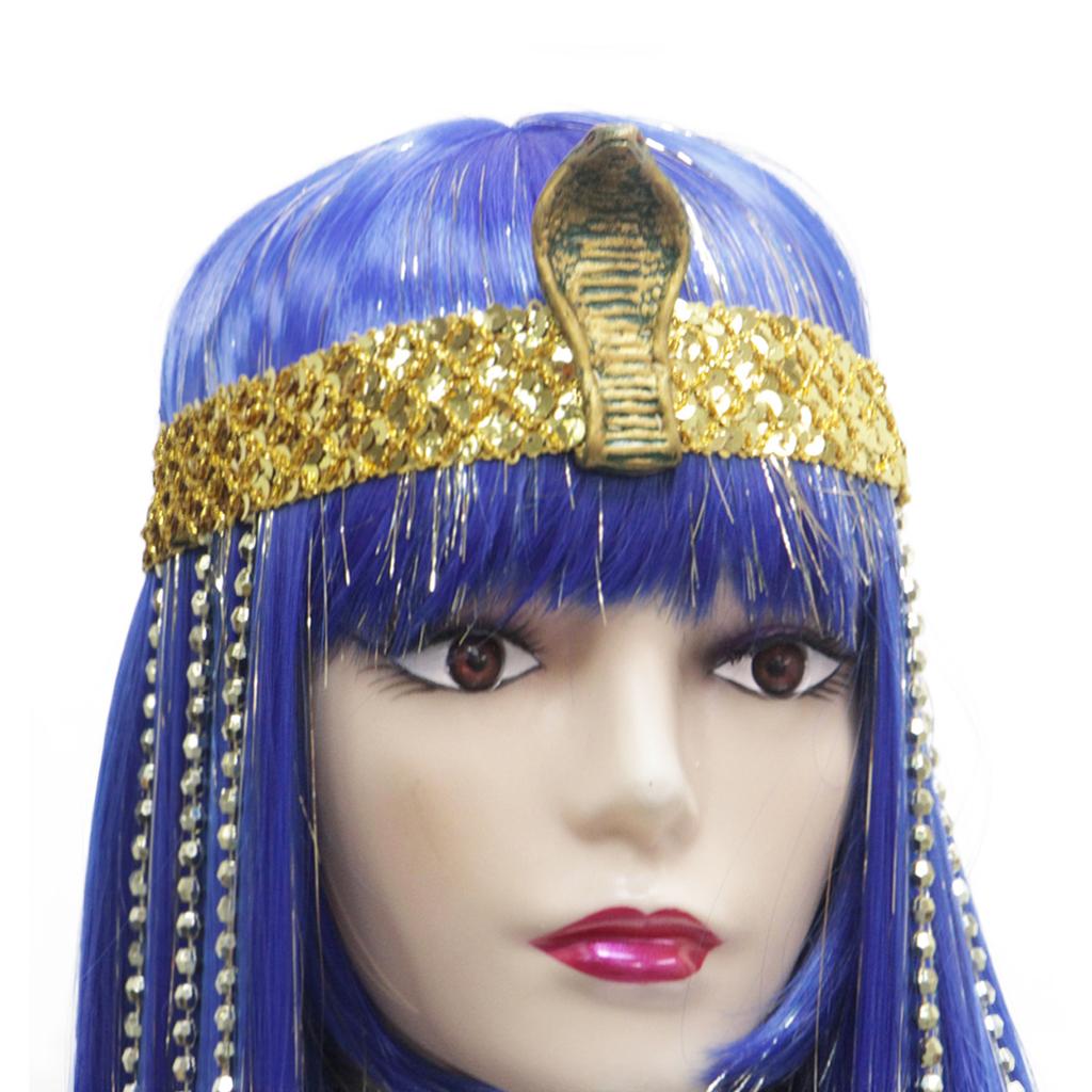 Blue Straight Fringe Synthetic Wig Cleopatra Snakehead Headwear with Wig Queen of Egypt Wig