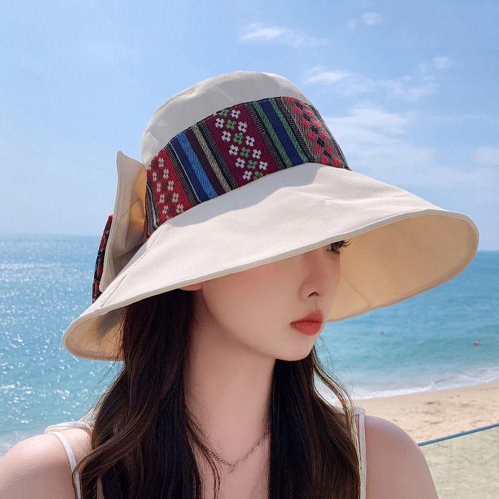 Etnisk Stil Dam Solhatt Anti-UV Bred Brätte Hinkhatt Mode Rosett Fiskarkeps Resa