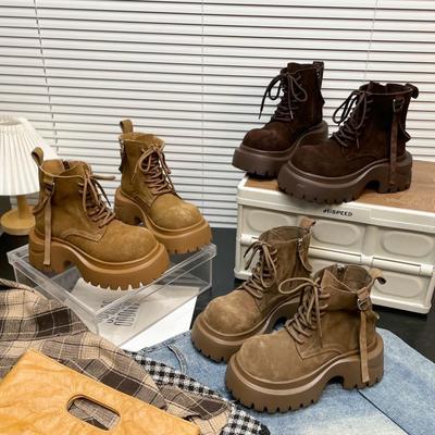Women's Matte Leather Big Head Martin Boots,Thick Sole Motorcycle Ankle Boots for Autumn Winter