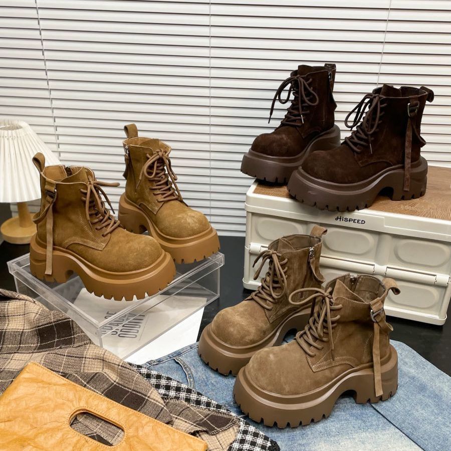 Women's Matte Leather Big Head Martin Boots,Thick Sole Motorcycle Ankle Boots for Autumn Winter