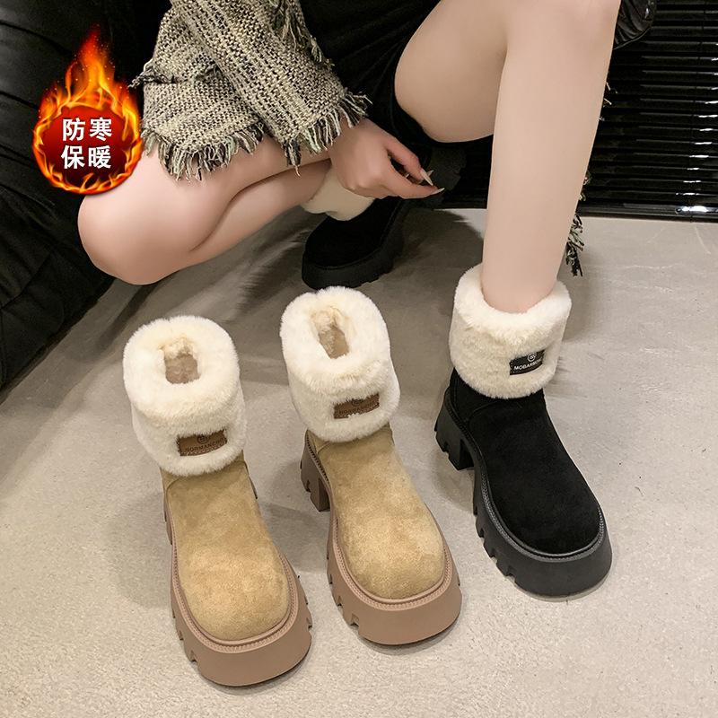 2025 New Thick-soled Heightening Snow Boots Women's Winter Plush Warm Retro Thick Heel Pile Fur Collar Short Boots
