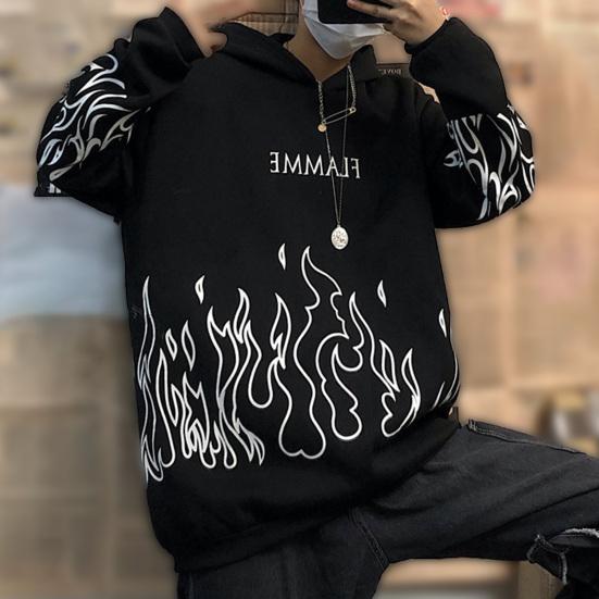 Hanorac Bărbați Toamnă Imprimeu Flacără Glugă Mâneci Lungi Moale Călduros Larg Stil Hip Hop Hanorac de Iarnă pentru Școală