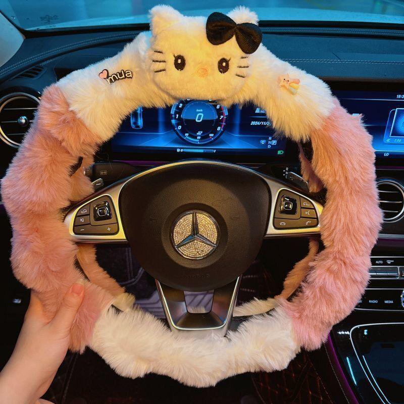 

Cartoon Kt Cat Car Steering Wheel Cover Winter Plush Warm Cute Girl Car Warm Anti-Freeze Handle Gloves Pink and White Kt