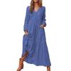 Damen Button Baumwolle Leinen Retro Lässig Langarm Kleid