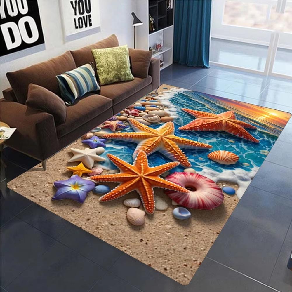 2025 Neuer Seestern Strand Muschel Seestern Sand Teppich Teppich für Wohnzimmer Schlafzimmer Zuhause Sofa Dekoration, Kinder Spielen Rutschfeste Bodenmatte
