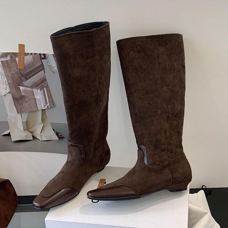 Fashion New Fashion Flock Women Knee High Western Boots With Low Heel Female Slip On Footwear Pointed Toe Ladies Long Booties Shoes
