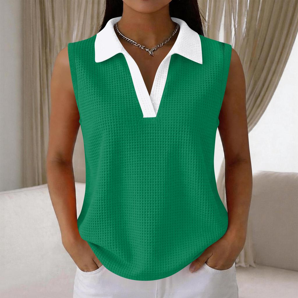 Women's Casual Color Block Knit Sleeveless Collar Tank Top