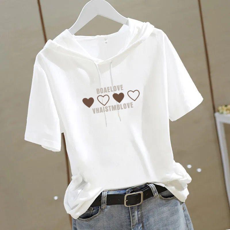 Damski T-shirt z kapturem z krótkim rękawem 100% bawełna - 2025 Wyszczuplający Luźny Krój Styl Koreański