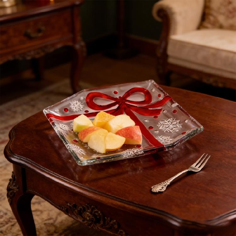 Stylish Glass Cake Storage Bowl Multifunctional Candy Tray Afternoon Tea Cake Plate Adorned With Red Bowknot