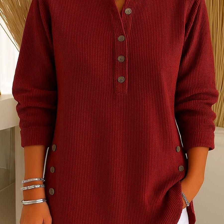 2025 European and American Autumn/Winter Solid Color V-Neck Button Long Sleeve Women's Casual Top