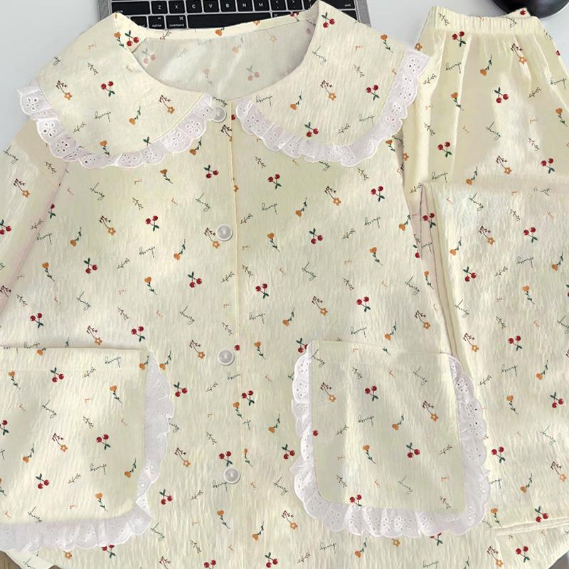 Spring Long-Sleeved Pajamas Women'S Thin Cloud Cotton Sweet Little Cherry Casual And Comfortable Loungewear Set