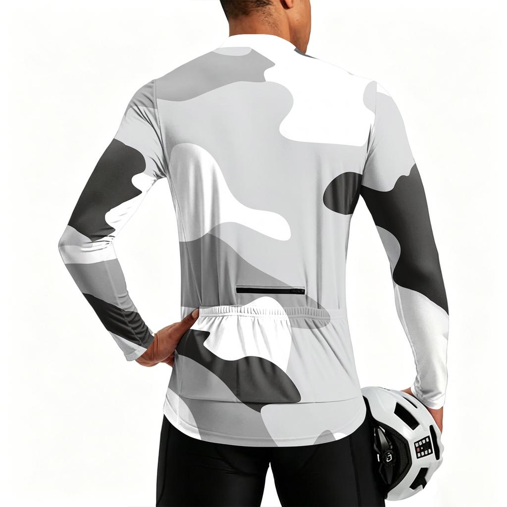 Men’s Crew Neck Printed Zip Breathable Quick Dry Long Sleeve Cycling Jersey with Digital Camouflage Pattern for Outdoor Sports Activities