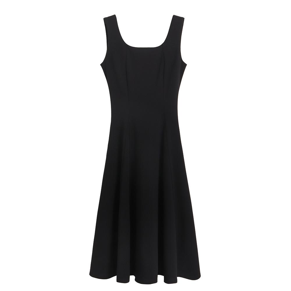 Back Invisible Zipper Hepburn Style Summer Women's Temperament Square Collar Small Sleeveless Black Dress