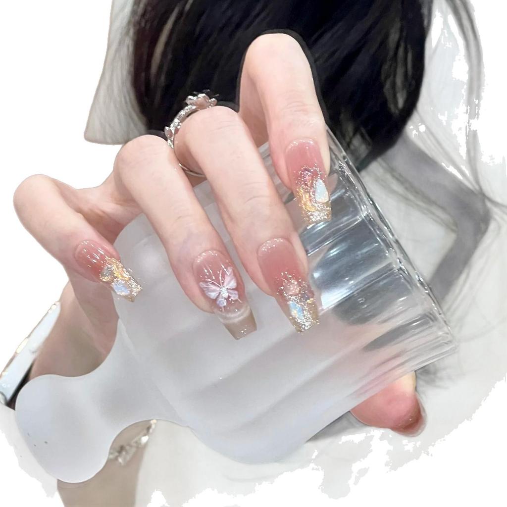 2026 Butterfly Rhinestone Nude Long Wearable Nails - Handmade, Translucent, Sparkling, Perfect for Weddings and Birthdays