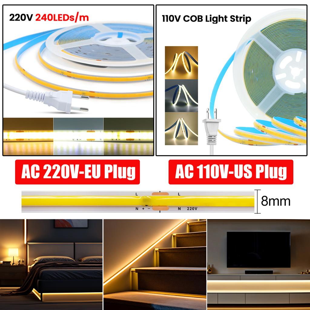 High Brightness COB LED Strip Light AC 220V/110V EU US Plug 240LEDs/M 3000K 4000K Flexible Ribbon Lamp for Indoor Home Decor