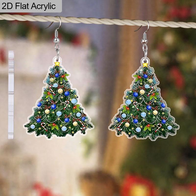 2D Flache Weihnachtsbaum-Ohrringe Acryl Weihnachtsfeiertags-Ohrringe Bunte Weihnachtsbaum-Hängeohrringe für Weihnachtsschmuck Geschenke für Frauen