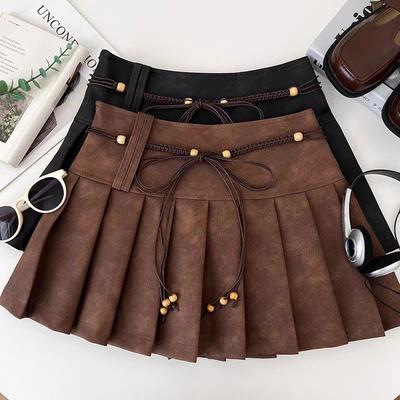 Retro plisovaná sukně Hnědá Vysoký pas A-linie Mini sukně Vintage styl