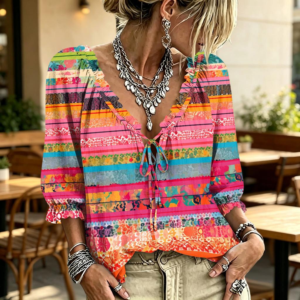 Women's Casual Printed V-Neck Ruffle Tie Blouse