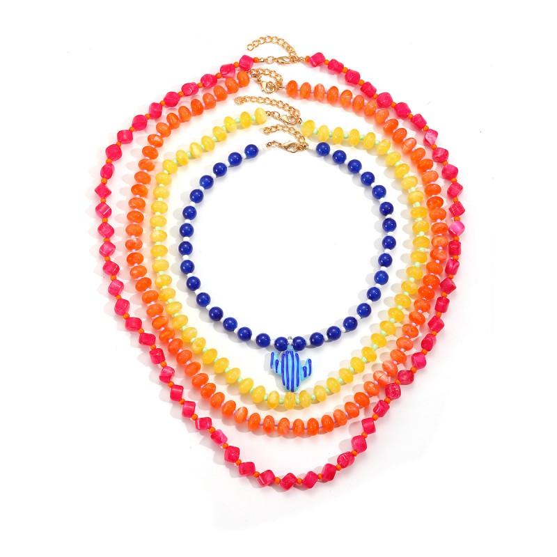 Handwoven Resin Cactus Pendant Necklace Women Colorful Beaded Chain Geometric Boho Chic Jewelry Multicolor