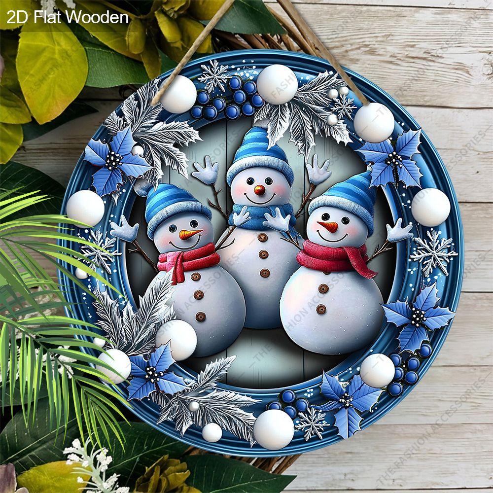 Three Snowmen Blue Wreath Round Wooden Hanging Sign, 2D Printed Christmas Front Door Wall Ornament
